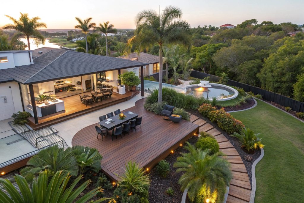 Medium-sized entertainment deck in Southport with separate dining and lounging zones - perfect for Gold Coast outdoor living