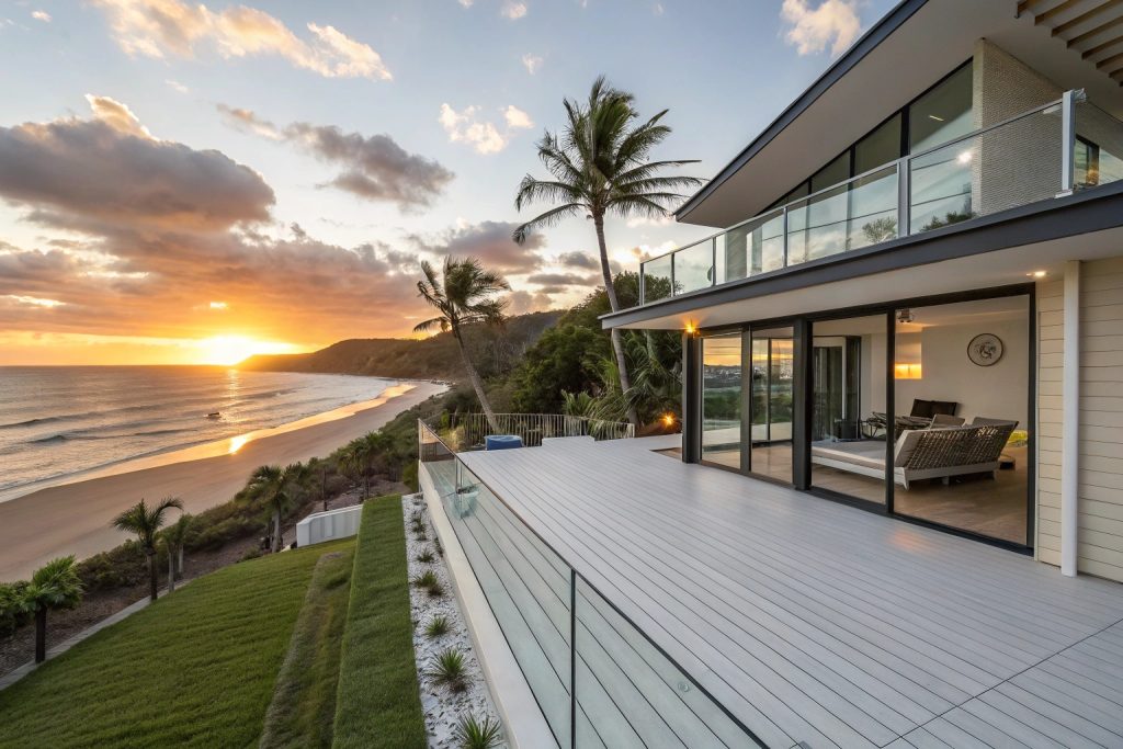 Premium beachfront deck on immediate oceanfront property in Palm Beach showcasing salt-resistant materials