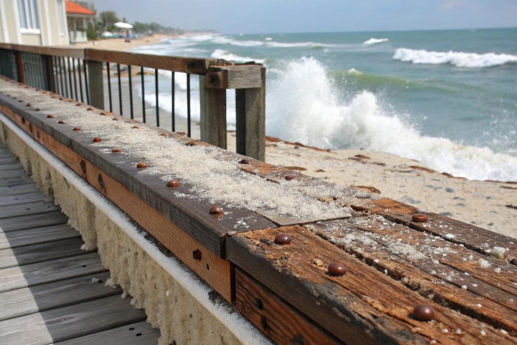 Side-by-side comparison of salt corrosion damage on standard versus marine-grade deck materials in Palm Beach's coastal environment
