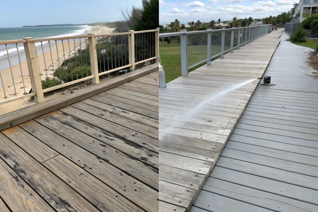 Close-up of weather effects on timber versus composite decking in Gold Coast's harsh coastal climate showing durability differences