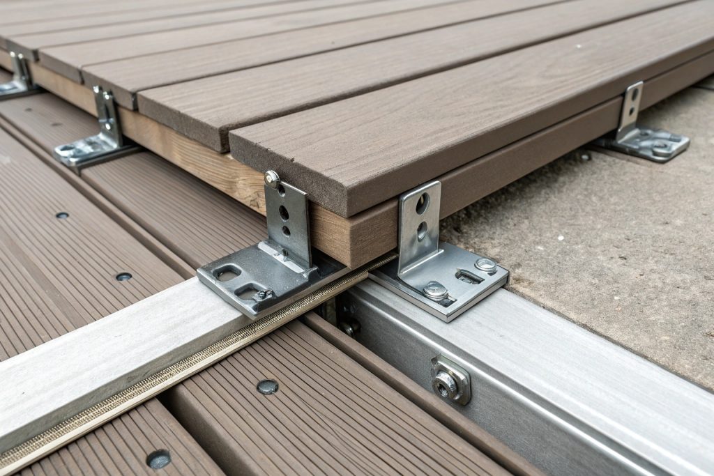 Marine-grade hidden fastening system with stainless steel clips preventing salt corrosion on beachfront decking