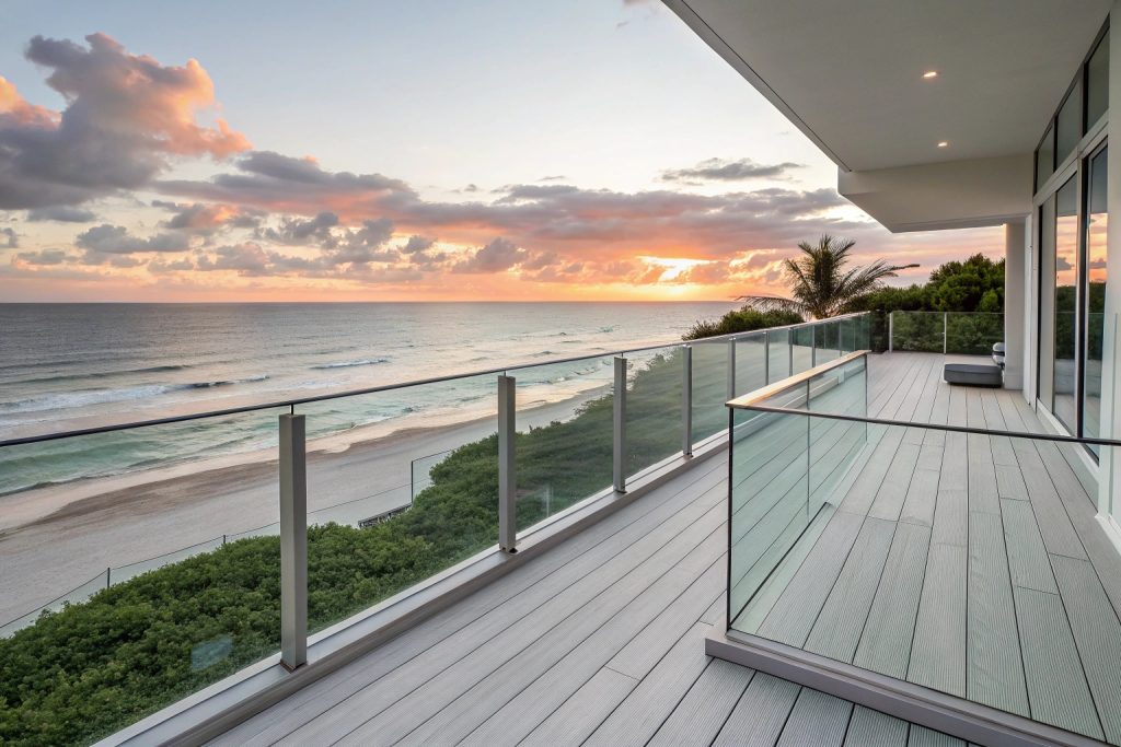 Modern coastal deck in Palm Beach featuring light grey composite decking and transparent glass balustrades preserving ocean views