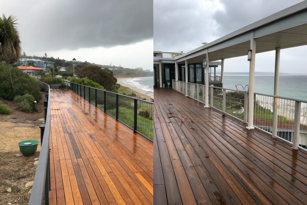 Spotted Gum decking's natural ageing process in Palm Beach coastal conditions - new installation versus 5-year weathering