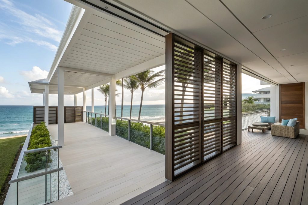 Palm Beach deck with innovative angled privacy screens that maintain panoramic ocean views while creating seclusion from neighbouring properties