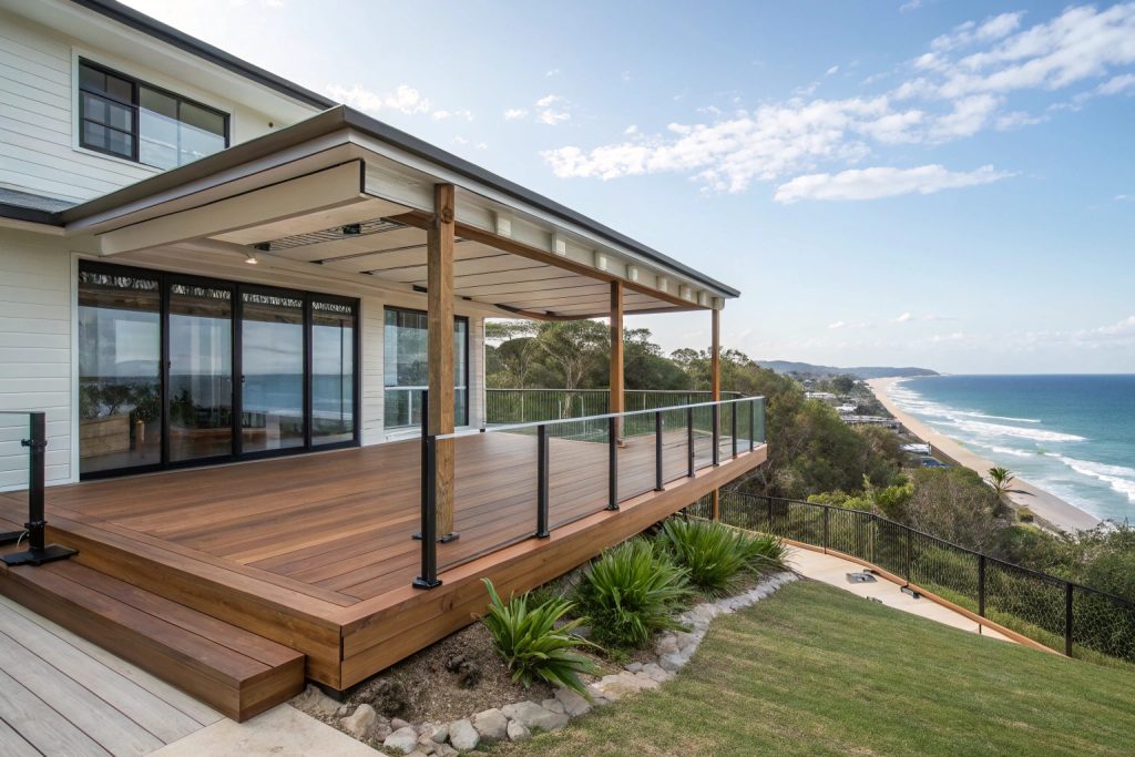 Architectural drawing showing required setback measurements for a Burleigh Heads deck with coastal views