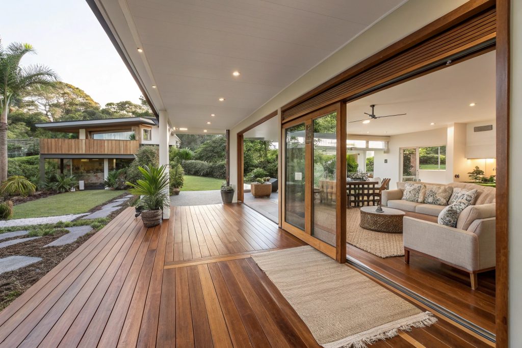 Seamless flow between indoor living room and outdoor deck with matching timber flooring in a Gold Coast luxury home