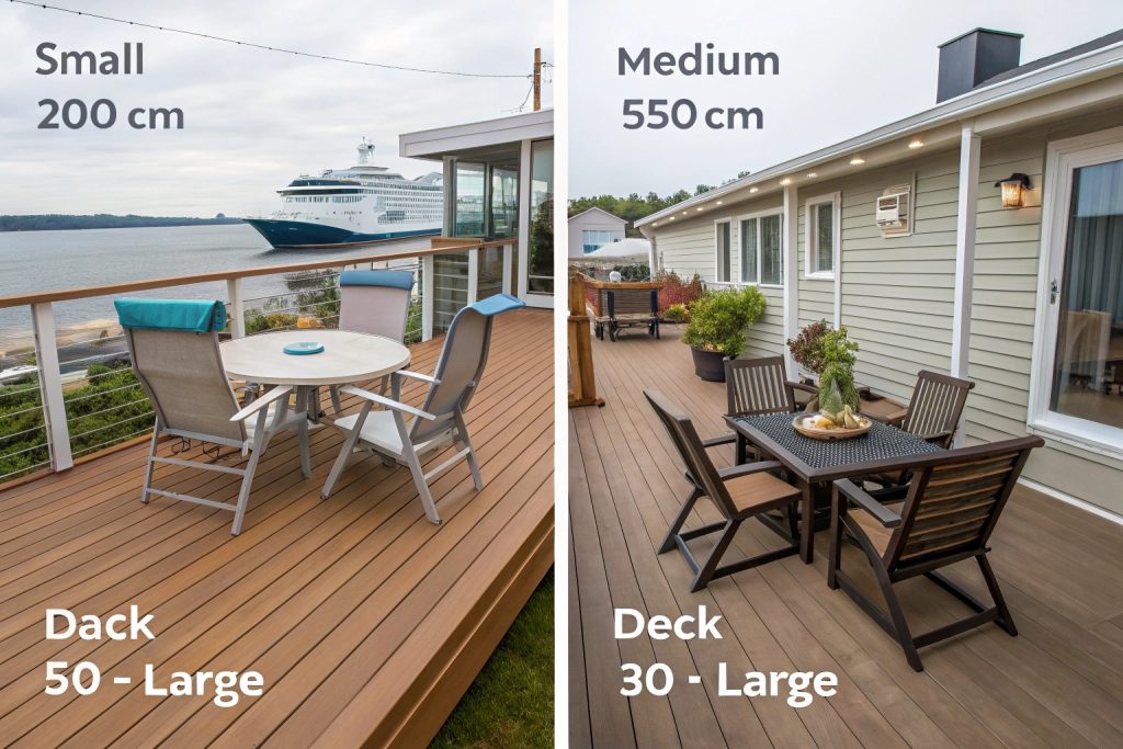 Visual comparison of different deck sizes for Southport homes showing furniture placement possibilities