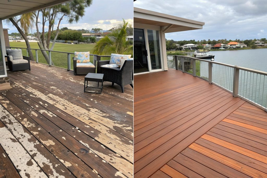 Before and after comparison of weathered timber decking versus new long lasting composite decking in Southport, Queensland