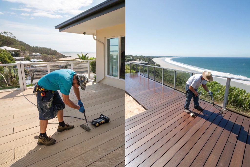 Maintenance comparison between timber decking requiring sanding and oiling versus simple cleaning of composite decking in Gold Coast homes