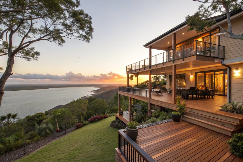 Multi-level deck design for sloping Southport blocks, maximizing space and water views