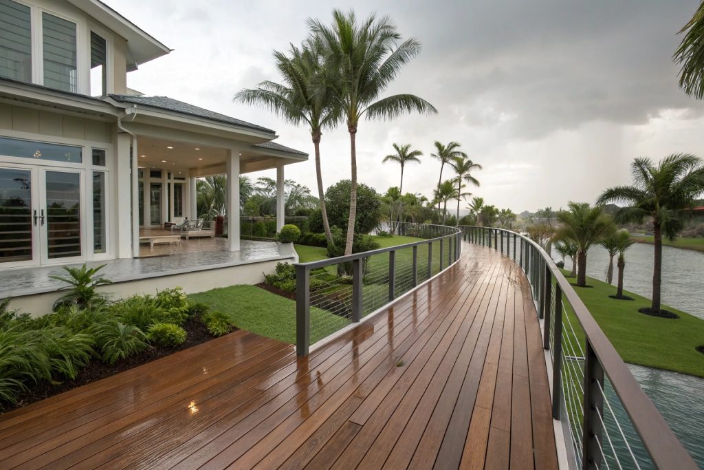 Effective deck drainage system handling heavy rainfall during a typical Palm Beach summer storm, preventing water damage and pooling