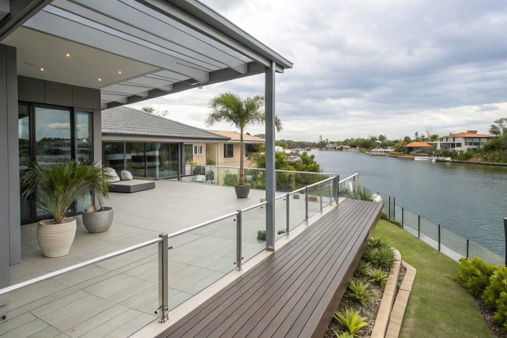 Long lasting elevated composite deck with glass balustrades overlooking Southport waterway, designed for Queensland coastal conditions