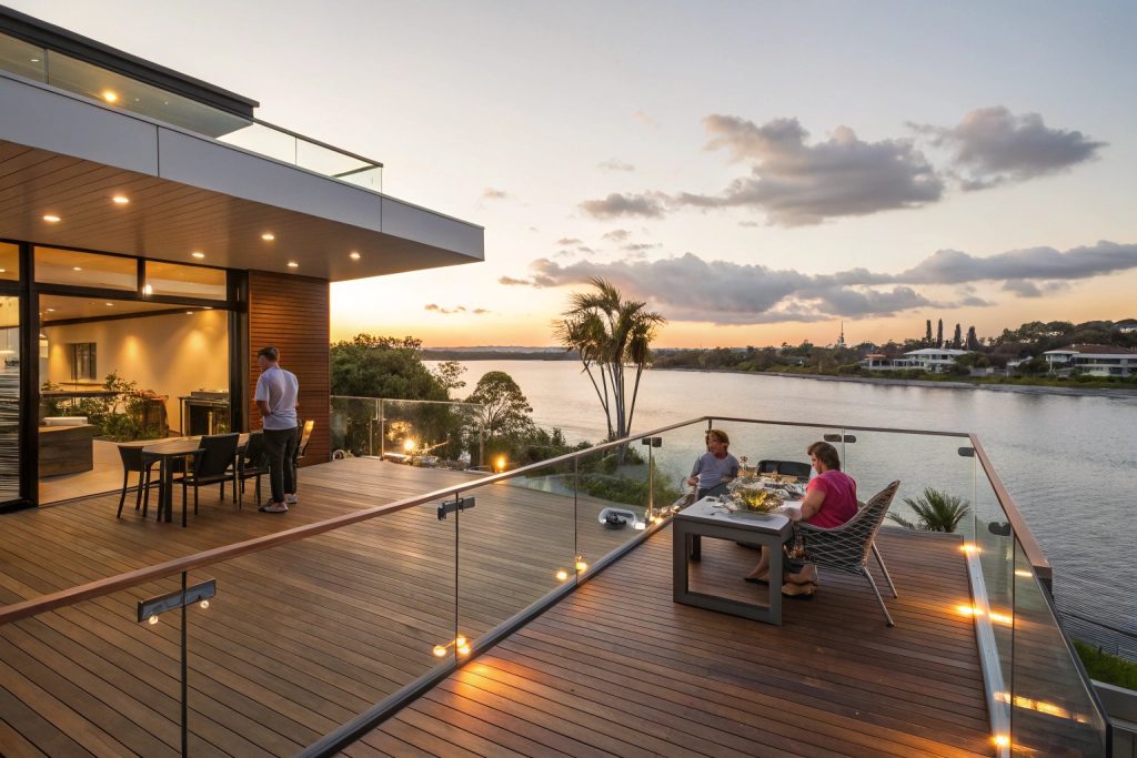 Completed timber deck installation in Southport with family enjoying outdoor barbecue and water views