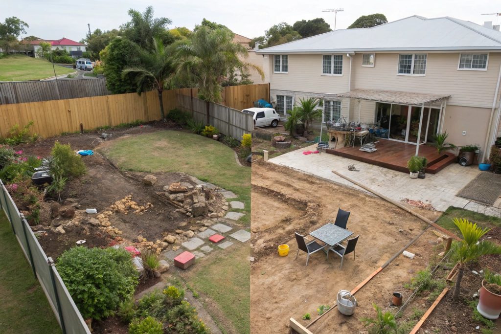 Before and after photos of Gold Coast property site preparation for deck installation showing cleared work area