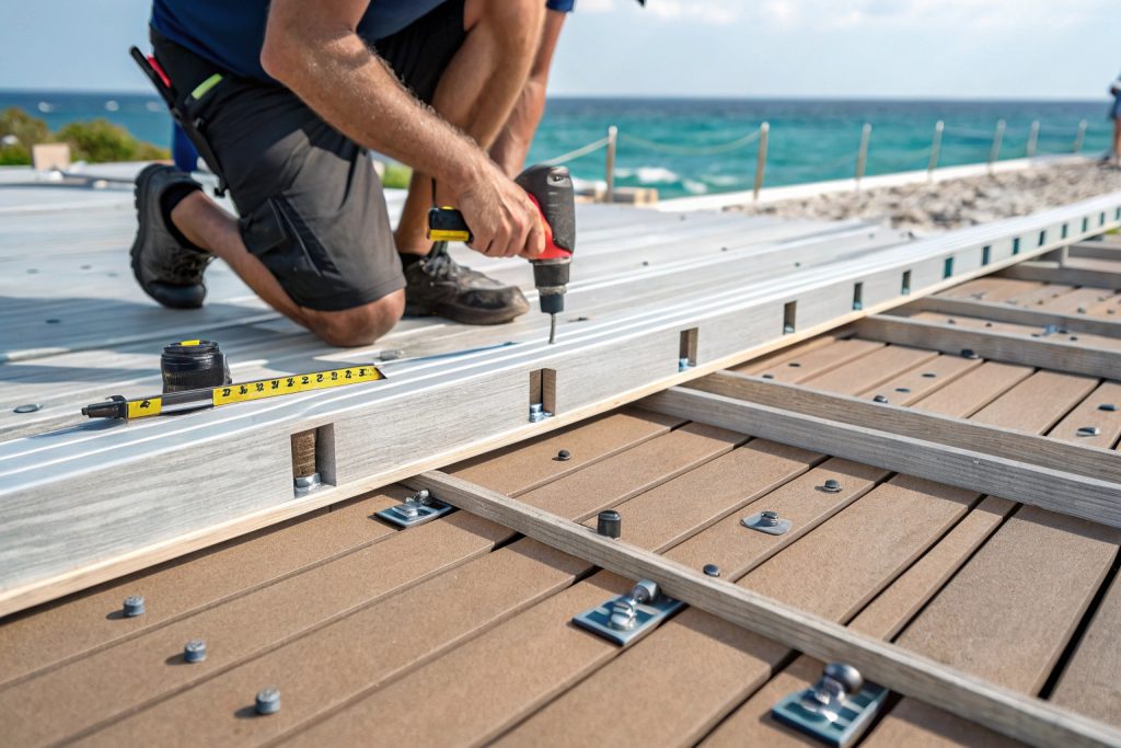 Professional composite deck installation in Main Beach showing marine-grade fasteners and proper coastal construction techniques