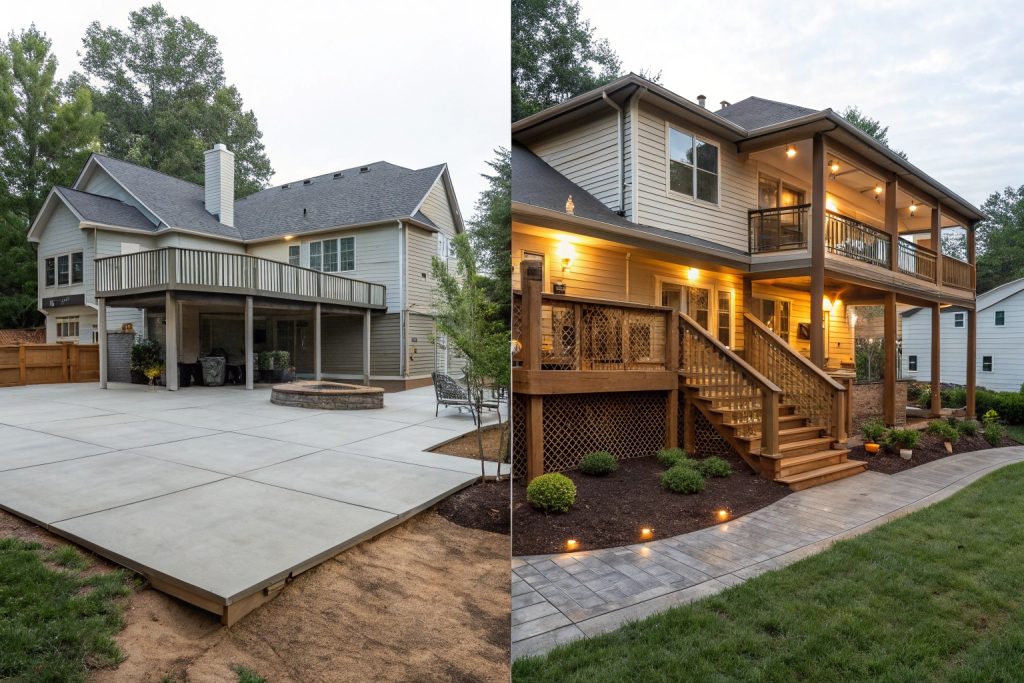 Before and after comparison of Gold Coast property with basic patio versus premium multi-level timber decking