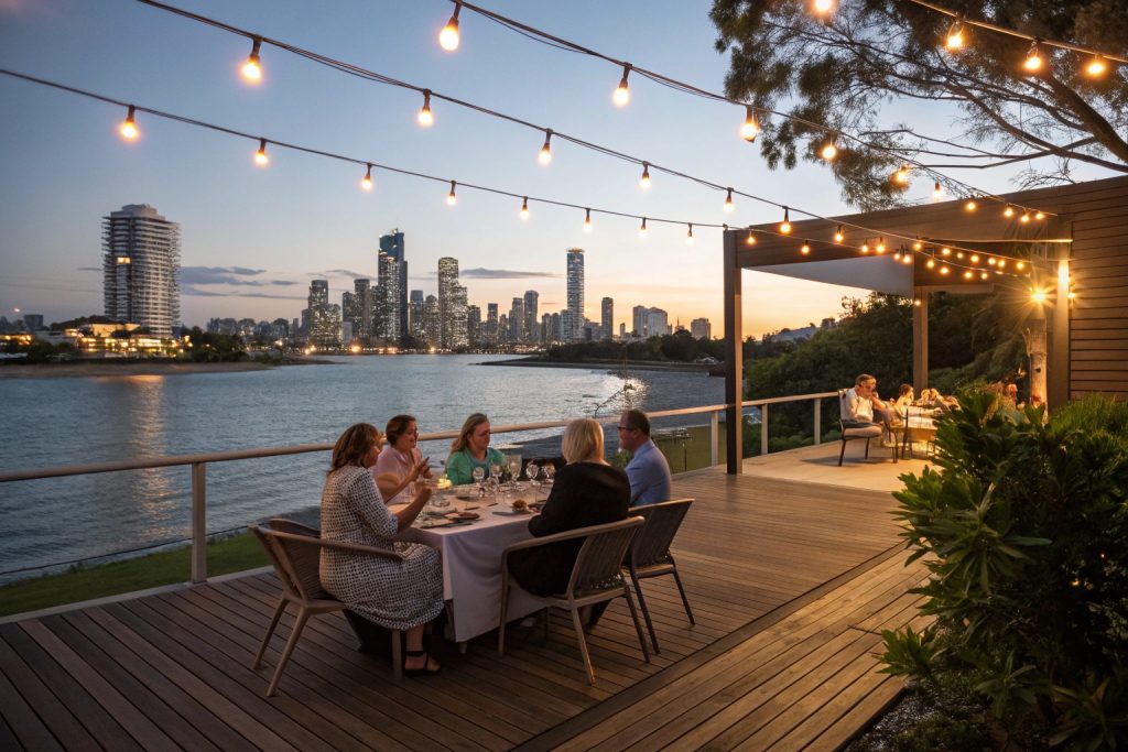Family entertaining on premium timber deck at Main Beach with Gold Coast skyline views during evening dinner party