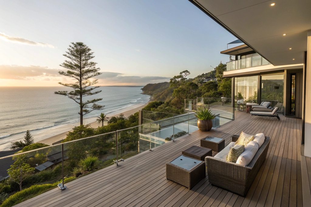 Premium composite deck with ocean views in Burleigh Heads showing quality outdoor living space that adds property value
