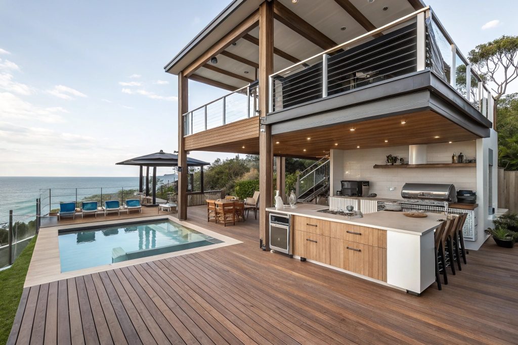 Multi-level entertainment deck with outdoor kitchen, dining zone under pergola, and separate lounge areas in Gold Coast home