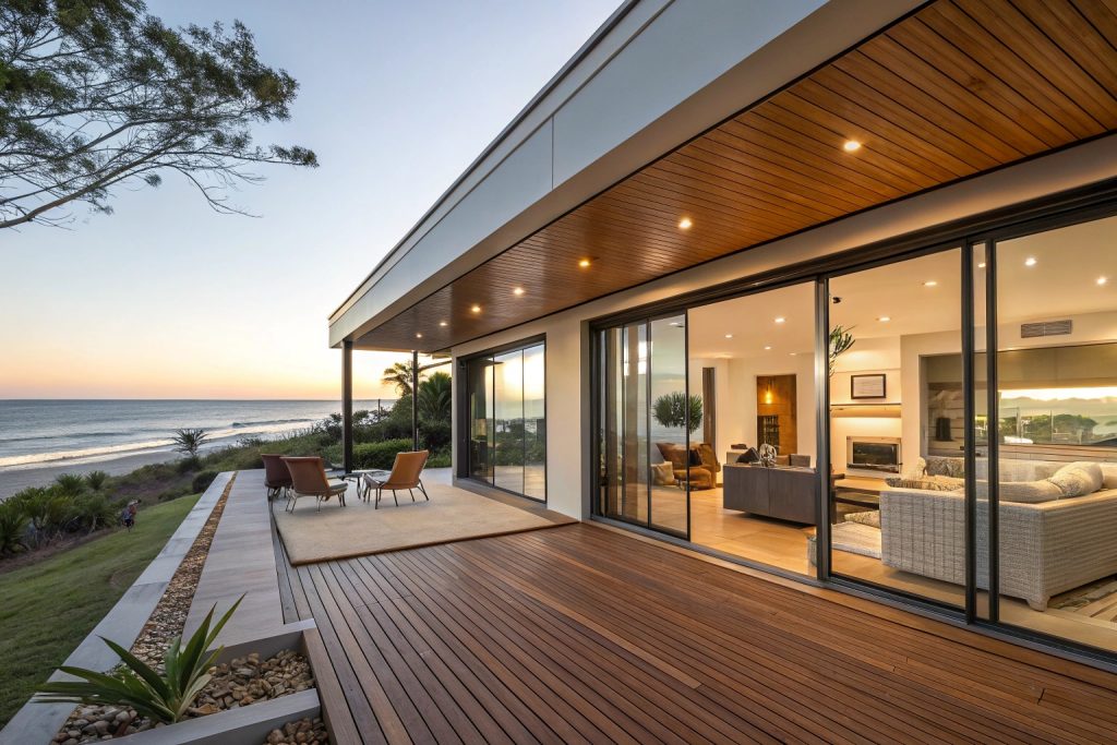 Modern Broadbeach home featuring seamless indoor-outdoor flow with timber decking at same level as interior flooring and large sliding glass doors