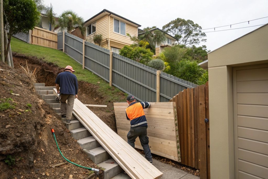 Construction workers navigating narrow side gate access challenges that affect decking costs in Burleigh Heads properties
