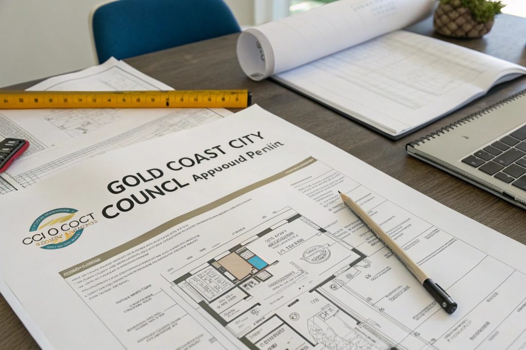 Gold Coast Council building approval documents and architectural plans for deck construction project