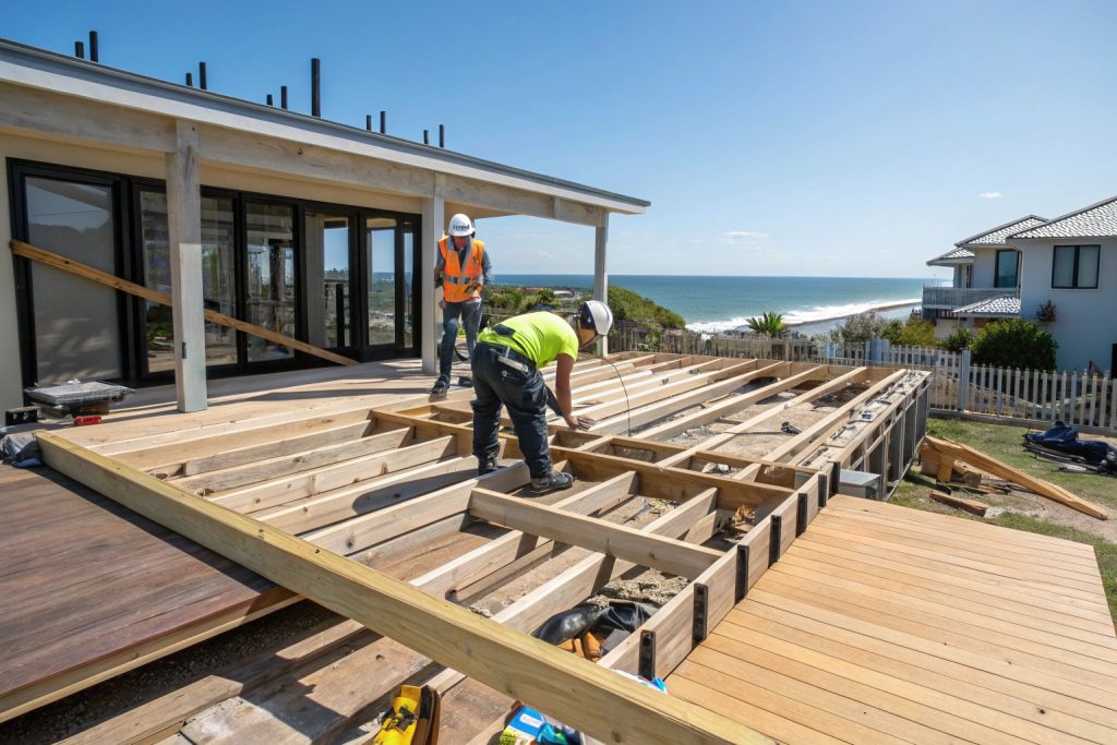 Deck construction workers installing timber framework and joists on Gold Coast property during deck installation timeline