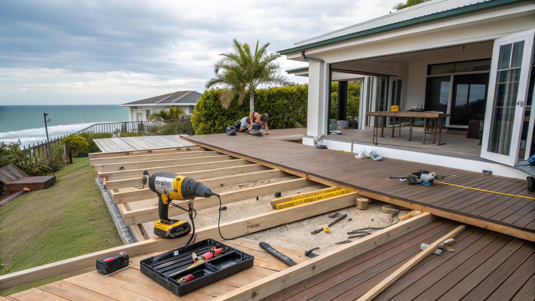 Professional composite deck installation tools and materials following Australian building codes for Gold Coast coastal property