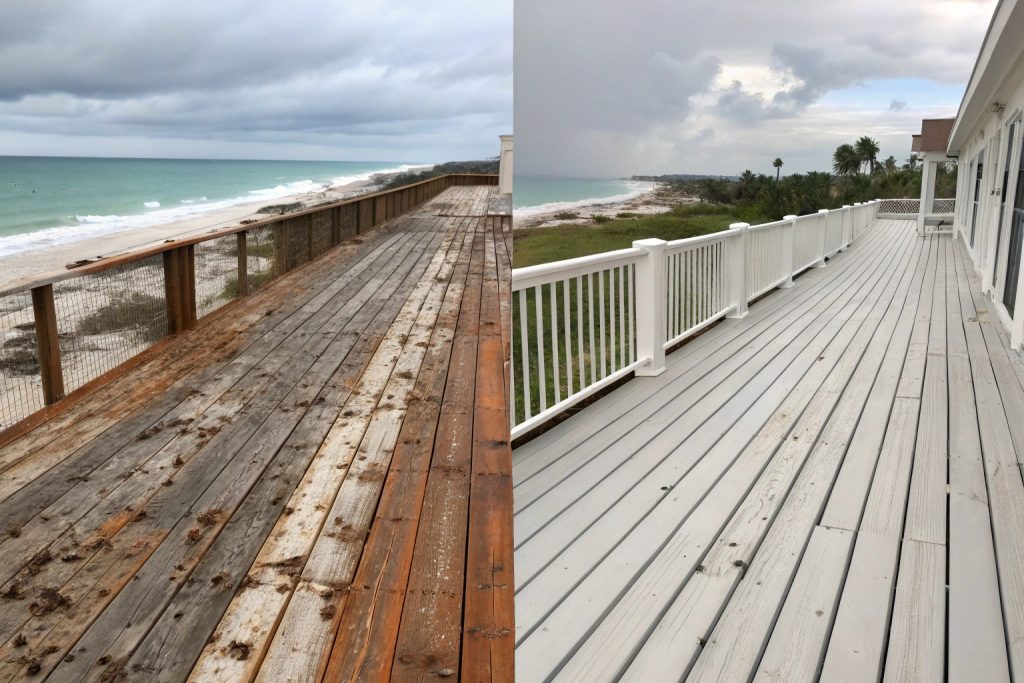 Comparison of weathered timber vs durable composite decking after years of coastal exposure in Main Beach