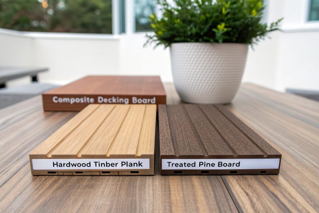 Comparison of decking materials showing composite, hardwood timber, and treated pine options for Burleigh Heads homes