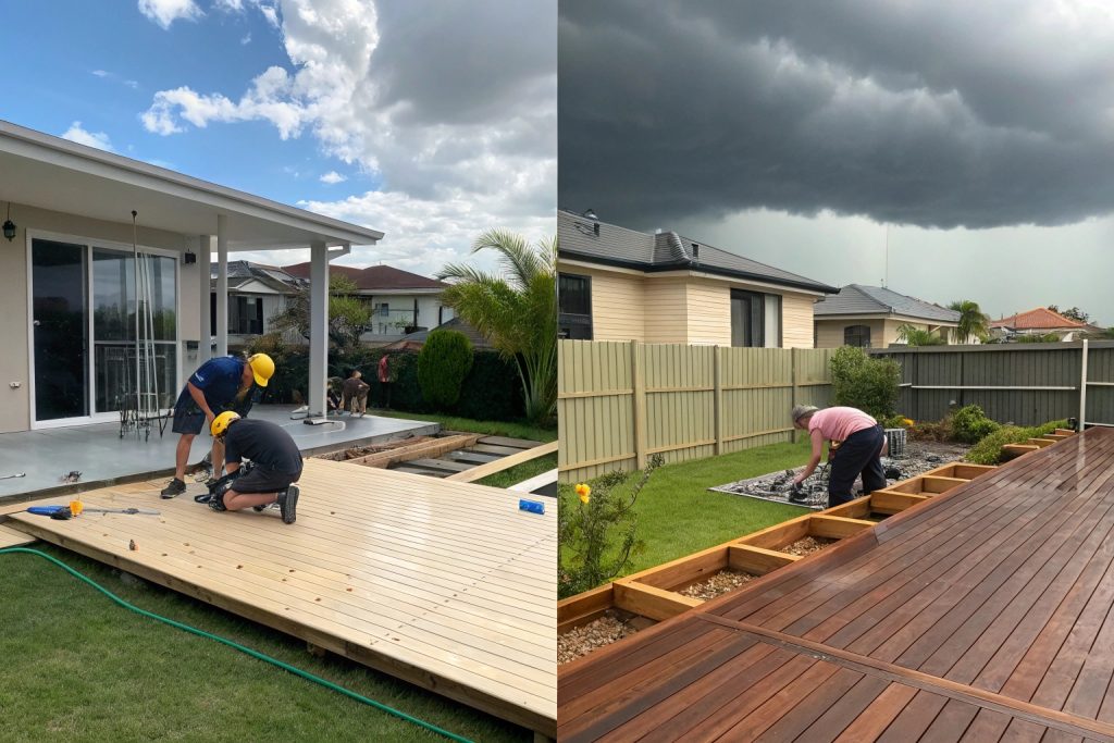 Comparison of deck construction in sunny weather versus rainy conditions showing weather impact on installation timeline
