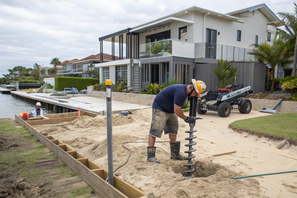 Professional installation of helical pier foundations in Main Beach sandy soil using specialised hydraulic equipment