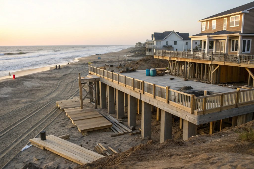 Beachfront deck construction in Main Beach showing deep pier foundations required for sandy coastal conditions