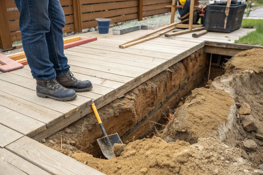 Cross-section view of Main Beach soil layers showing sandy surface soil over clay, important for deck foundation planning