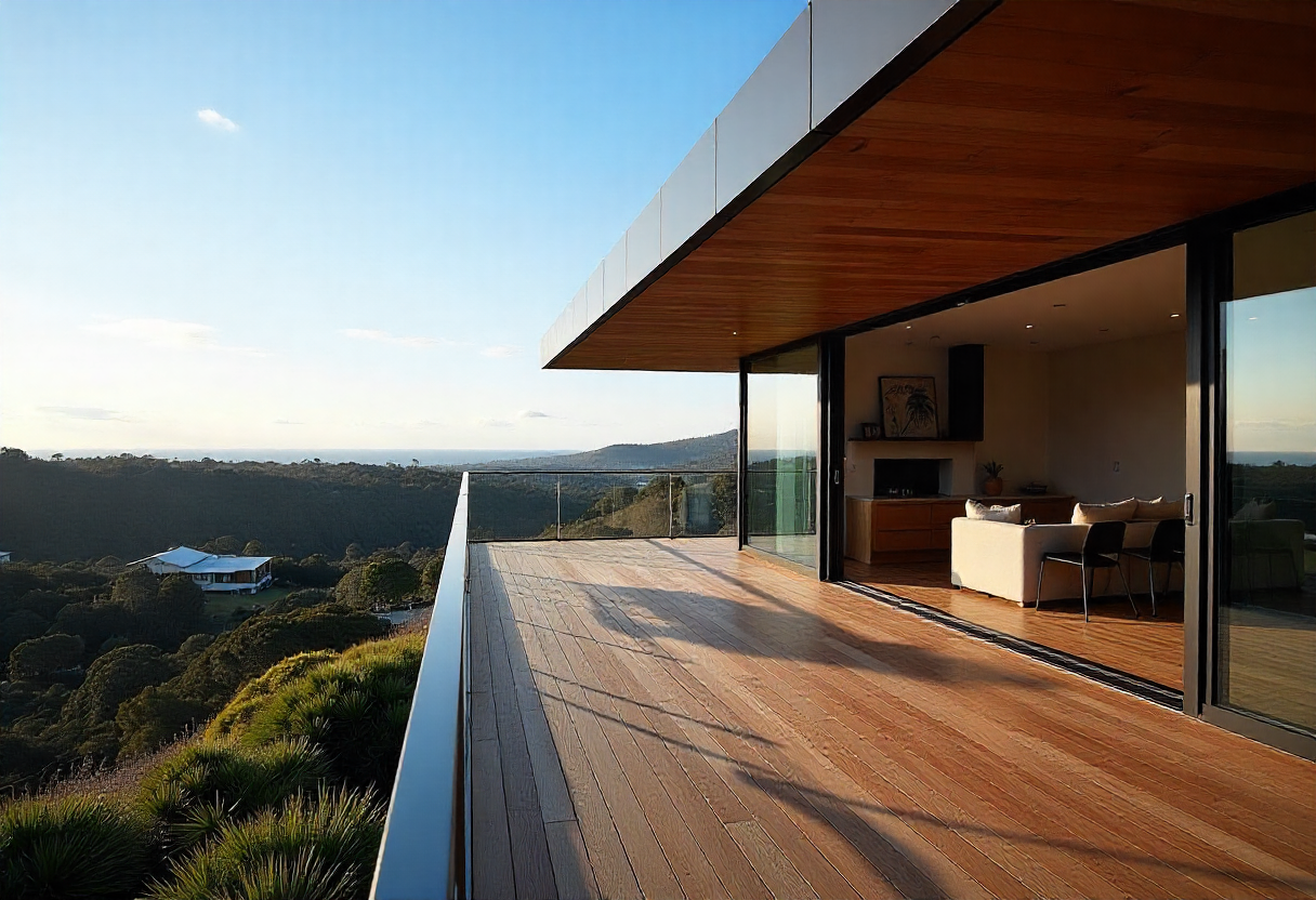Modern elevated timber deck on a hillside Gold Coast Modern elevated timber deck on a hillside Gold Coast