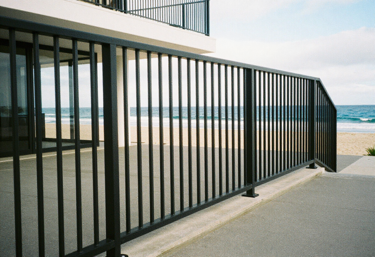 Powder-coated black aluminum balustrade on elevated deck