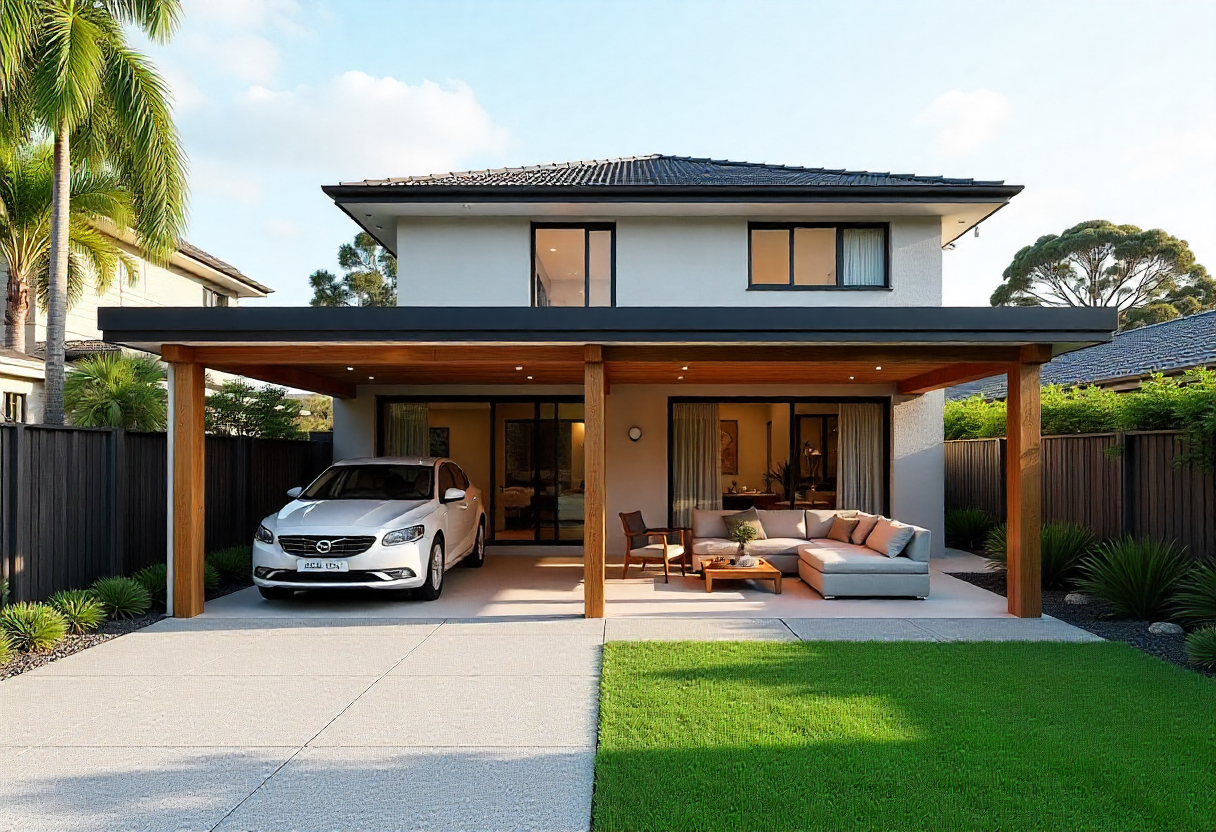 carport on one side protecting vehicles and connected timber pergola