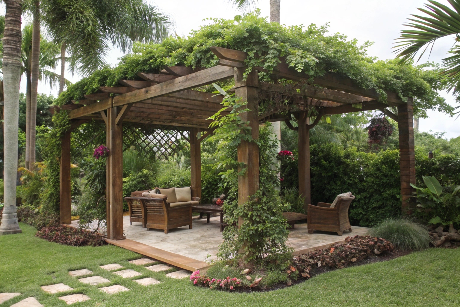 Freestanding timber pergola in Gold Coast garden with outdoor seating