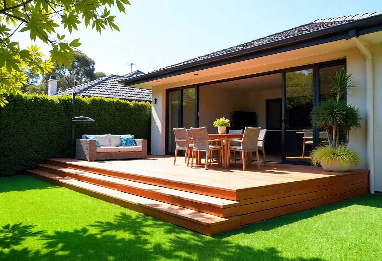 ground-level timber deck in an Australian backyard ground-level timber deck in an Australian backyard
