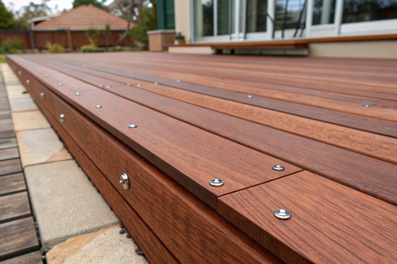 Close-up of hardwood timber decking boards showing natural grain patterns and quality installation