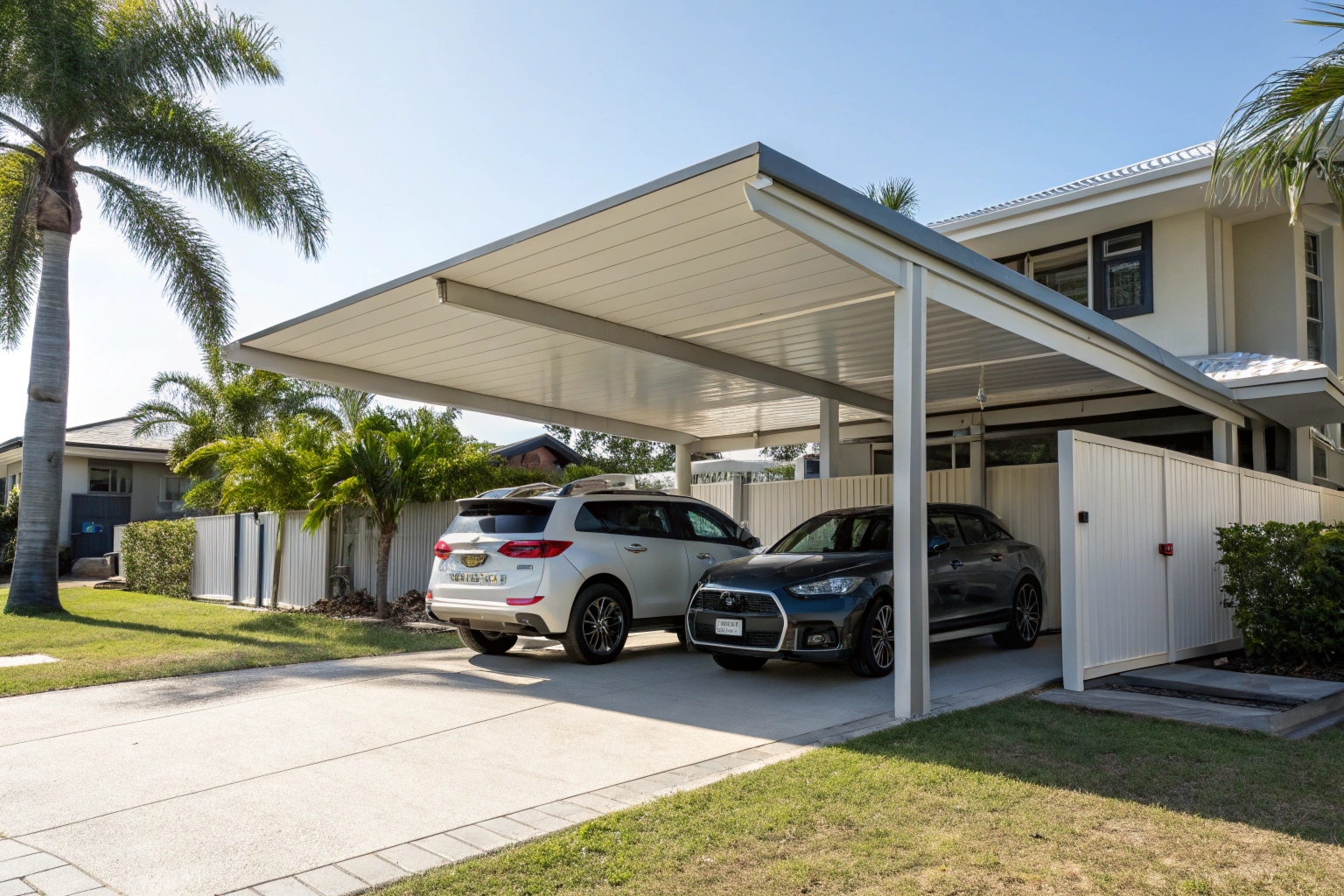 Double carport Gold Coast with Colorbond roofing protecting two vehicles