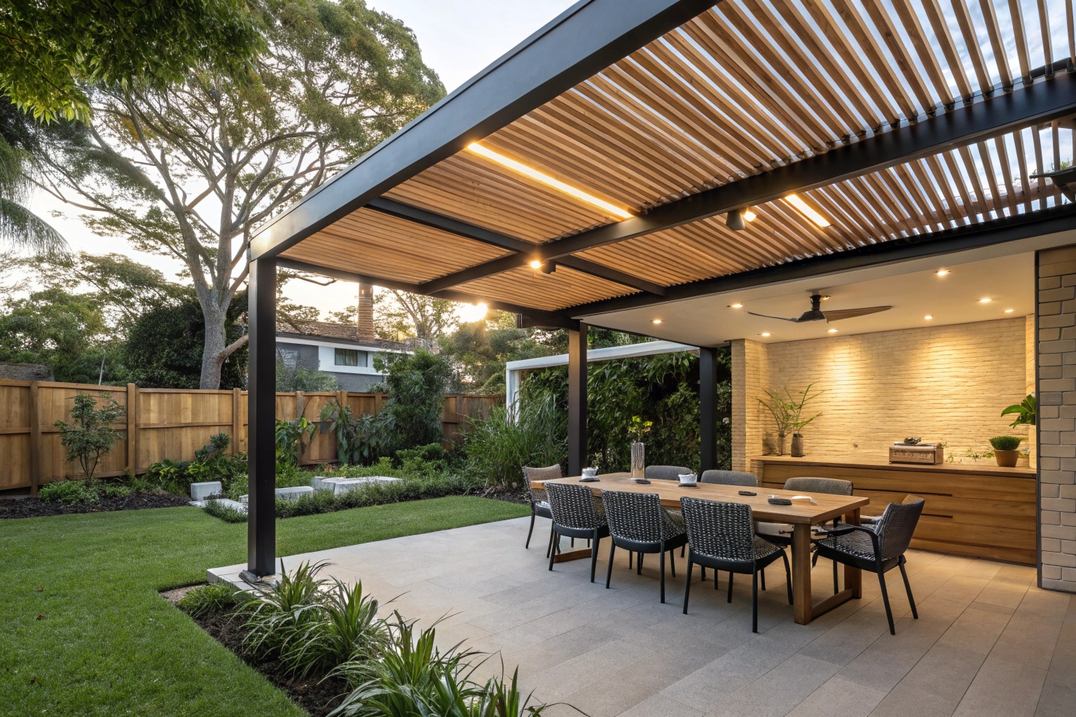 modern-timber-pergola-with-slatted-roof-covering-o Custom timber pergola with outdoor dining area Gold Coast