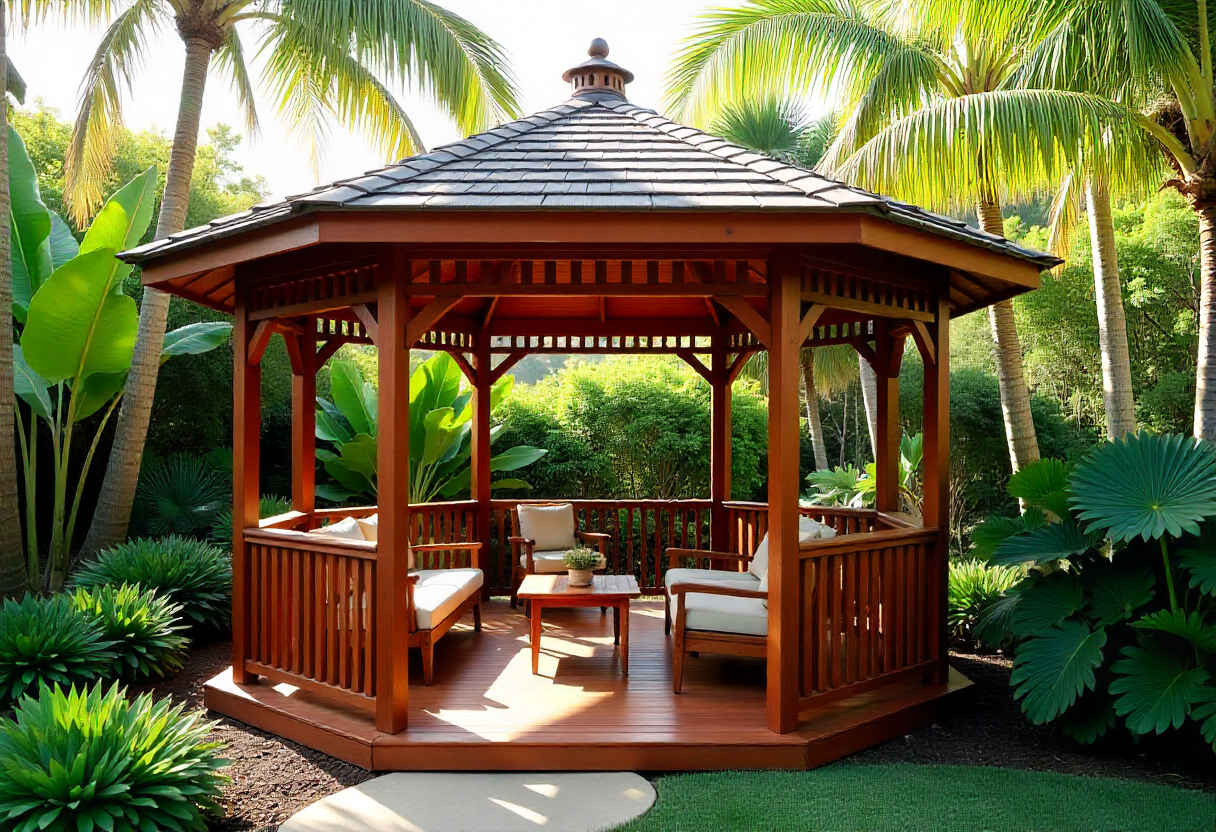 octagonal hardwood timber gazebo building in a lush octagonal hardwood timber gazebo building in a lush