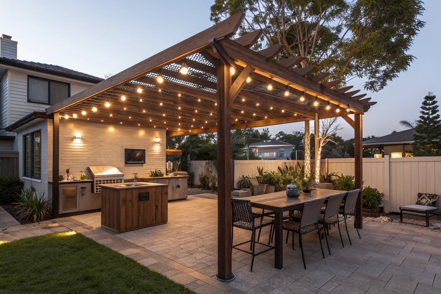 Timber pergola covering outdoor kitchen and BBQ area Gold Coast