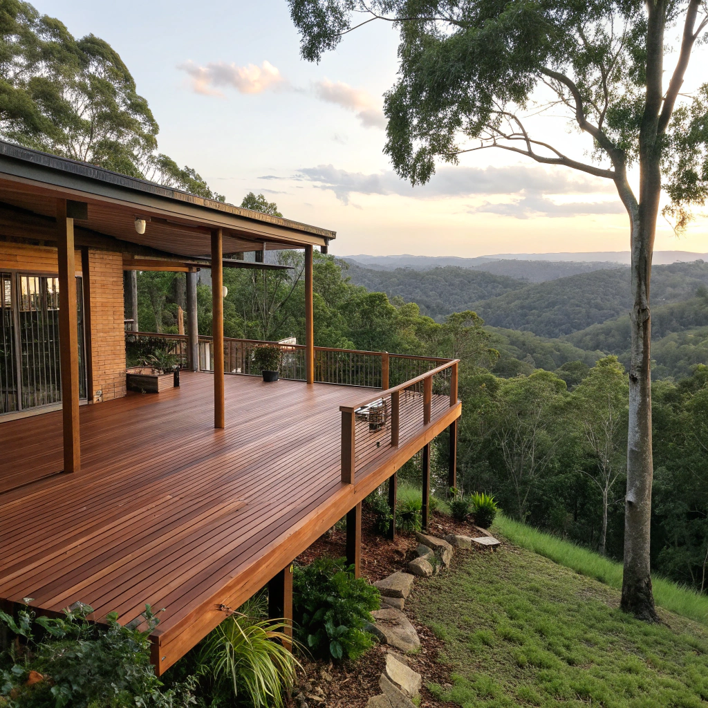 Wraparound timber verandah on a large rural property in the Gold Coast hinterland