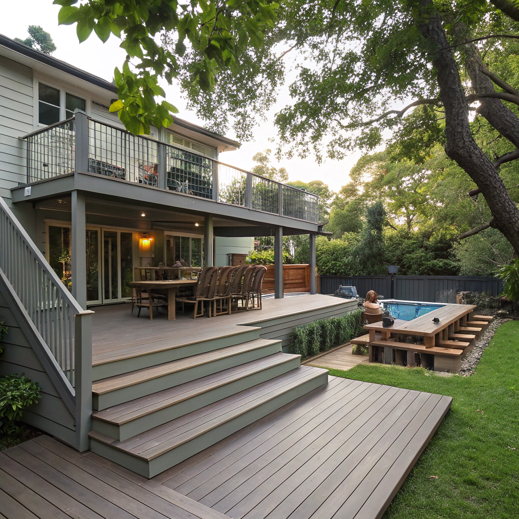Multi-level composite deck with outdoor entertaining area at a Gold Coast hinterland property