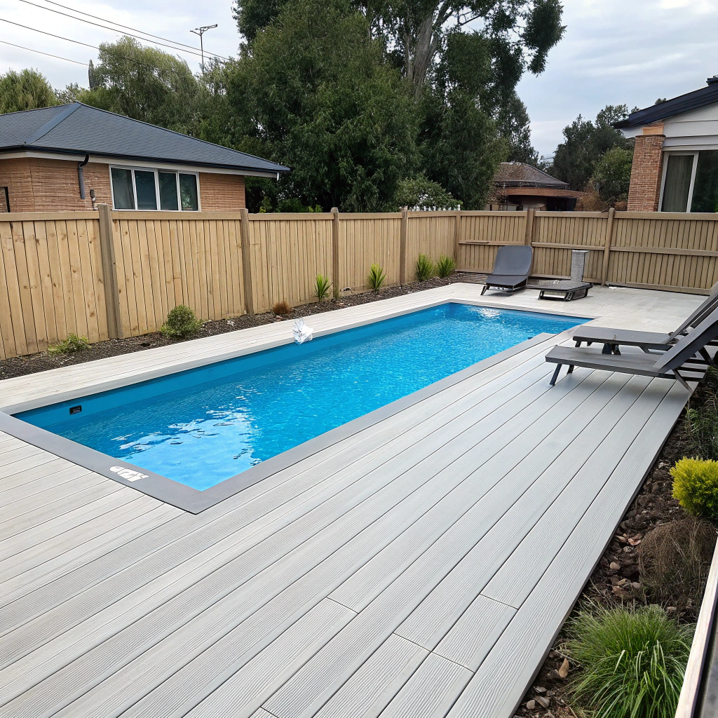 Composite pool deck surrounding a backyard pool at a Worongary Gold Coast home