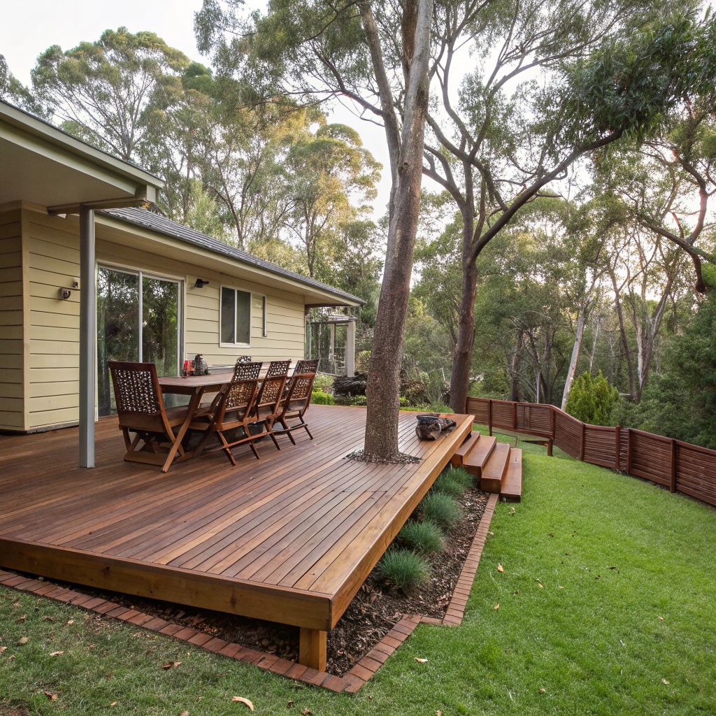 Timber deck built on a sloping block at a Worongary hinterland home with garden views